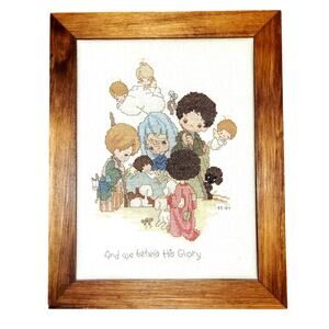 Vtg 84' Precious Moments Completed & Framed Cross Stitch And We Beheld His Glory